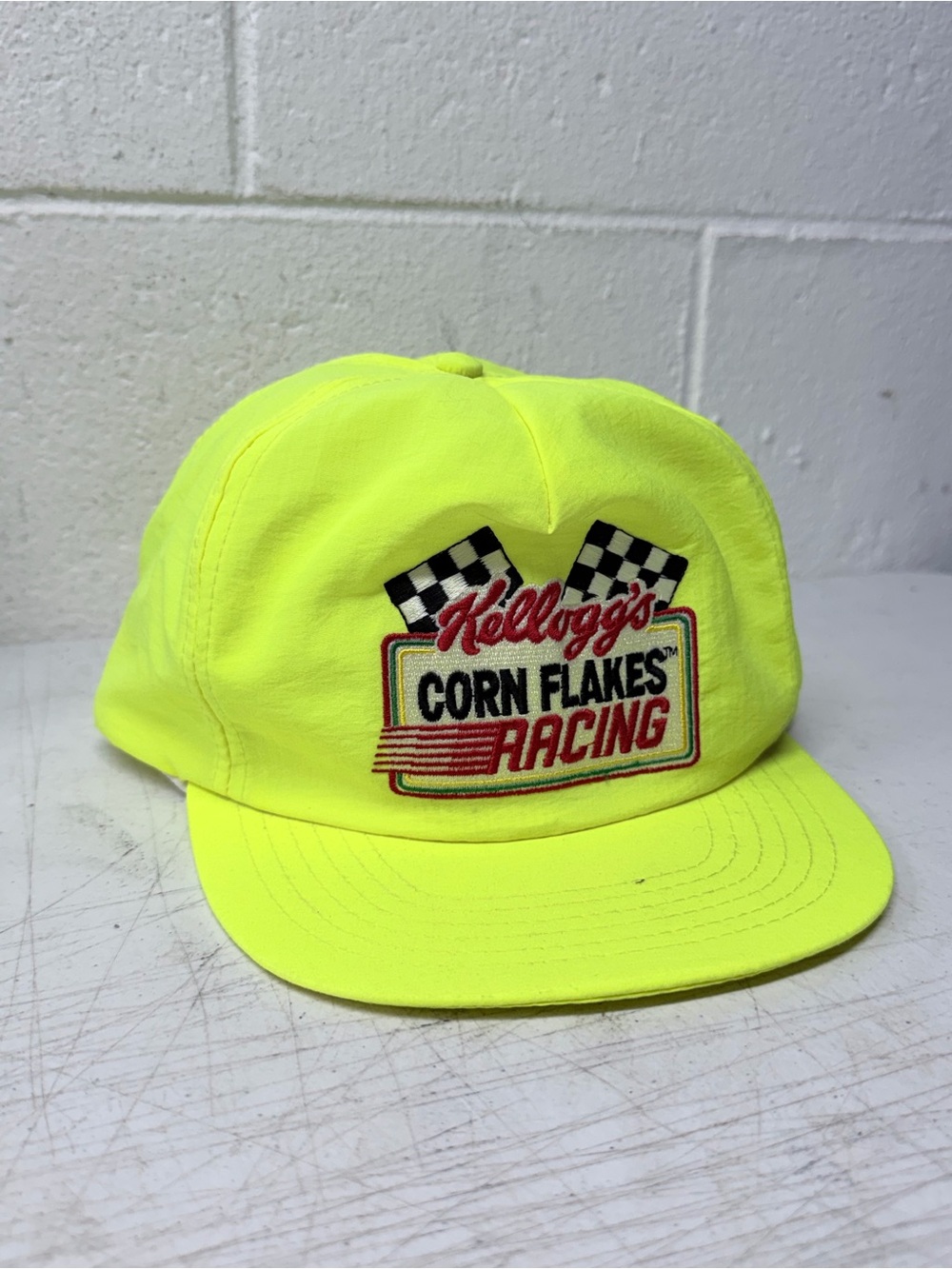 Vintage 1992 Kellogg's Corn Flakes Racing Neon Yellow Nylon Snapback Hat
